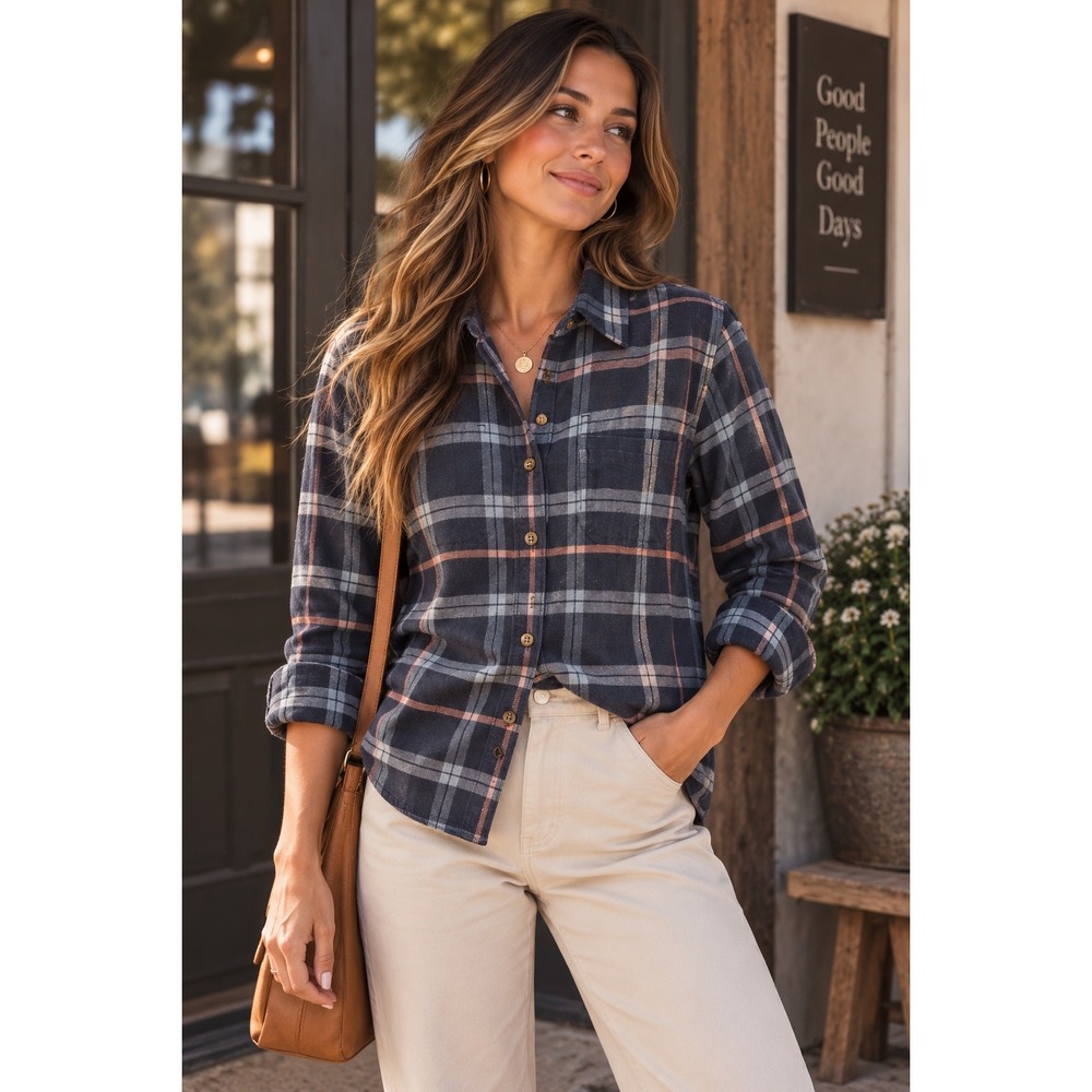 Carhartt Womens Navy Orange Plaid Flannel Button Down Shirt Small 103226 411